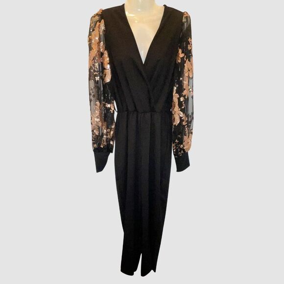 NWT Black Crepe Evening Jumpsuit with Copper Sequins Tulle Sleeves Size XL - Picture 3 of 8